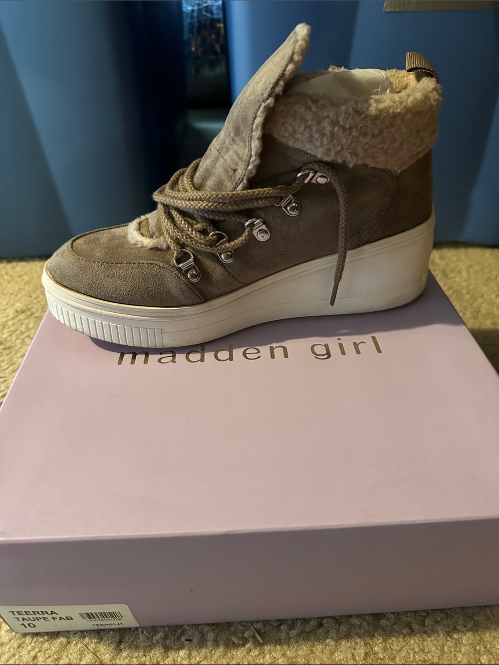 Madden Girl Taupe Sherpa-Trim Platform Lace-Up Sneaker Boot